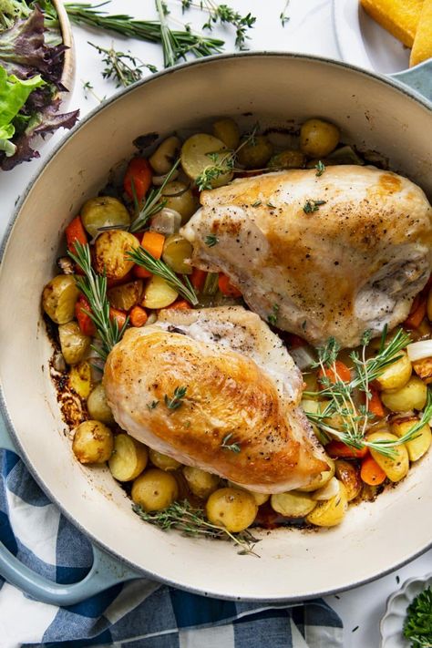 Crisp on the outside and juicy on the inside, this Dutch oven chicken breast with potatoes and vegetables is an easy one-pot dinner! Seasoned simply with garlic, butter, and herbs, the meal takes just minutes to prepare before the oven does the work. Chicken And Bisquick Dumplings, Oven Chicken And Potatoes, Oven Chicken Breast, Dutch Oven Chicken Breast, Chicken Breast Oven Recipes, Dutch Oven Pot Roast, Oven Pot Roast, Chicken Breast Oven, Potatoes And Vegetables