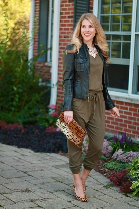 Olive Jumpsuit 3 Ways for Fall Olive Romper Outfits, Olive Dress Outfit Fall, Fall Jumpsuit Outfit Casual, Olive Green Outfits Female, Army Green Jumpsuit Outfit, Olive Jumpsuit Outfit, How To Dress Up A Jumpsuit, Olive Green Jumpsuit Outfit, How To Wear Jumpsuit Outfit Ideas