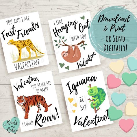 "These PRINTABLE or DIGITAL Valentine's Day Cards for Kids with 4 unique designs include our Wild Animal Valentines Set (Cheetah Valentine, Tiger Valentine, Sloth Valentine, and Iguana Valentine Cards). These fun designs can be printed as many times as you need to give to all your friends, or the JPGs can be sent DIGITALLY to all your valentines near and far! With this DIGITAL DOWNLOAD, you can print (or send!) from home instantly! No physical item will be shipped. Simply download the file, prin Valentines Day Grams, Bible Verse Valentines, Cheetah Valentines, Sloth Valentine, Animal Valentine Cards, Animal Valentines, Valentine Box Ideas, Valentines Printable, Christian Valentines