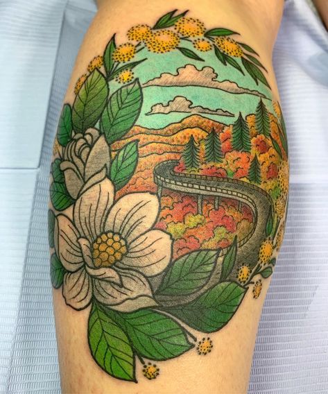 Blue Ridge Tattoo, Blue Ridge Parkway Tattoo, Appalachian Tattoo Ideas, Blue Ridge Mountain Tattoo, Nc Tattoo Ideas, Blue Ridge Mountains Tattoo, Appalachia Tattoo, Appalachian Tattoo, East Coast Tattoo