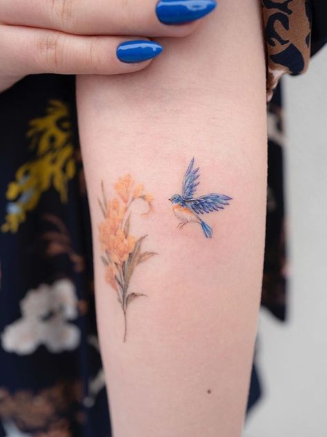 Tattoo uploaded by Joe Park • Watercolor tattoo by Donghwa of Studio by Sol #Donghwa #StudiobySol #Seoul #Koreanartist #Koreantattooartist #watercolor #fineline #detailed #color #nature #floral #bird #bouquet • 1355644 • Tattoodo Bluebird Tattoo, Tiny Bird Tattoos, Mum Tattoo, Park Watercolor, Bird Tattoo Meaning, Watercolor Bird Tattoo, Bird Tattoos For Women, Small Star Tattoos, Korean Tattoo Artist