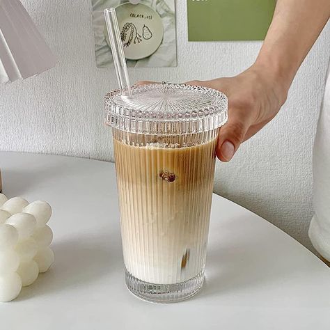 Made of clear glass with lid and staw.vertical stripes design gives the cups a minimal and timeless aesthetic. Holds 12 oz,it can keep hot or cold drinks for long period, easy to hold and easy to clean.it is microwave and dishwasher safe. Clear Glass Coffee Mugs, Cocktail Juice, Drinking Jars, Food Shapes, Straw Bottle, Drink Straw, Coffee Breakfast, Glass Coffee Mugs, Iced Coffee Cup