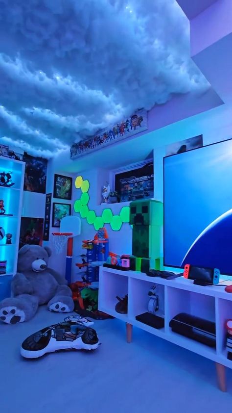 Credit@maccagames on instagram Gaming Setup For Couples, 2 Person Gaming Room, Study Room For Kids, Couples Gaming Room, Bedroom Ideas Neon, Couple Gaming Room Setup, Game Room Aesthetic, Couples Gaming, Game Room Inspiration