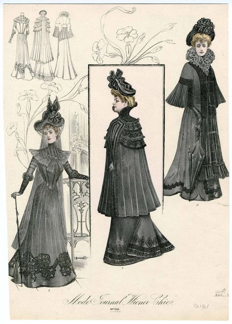 Mourning dress- fashion plate, ca. 1901. Edwardian Fashion Plates, Victorian Era Fashion, 1890s Fashion, Fashion Illustration Vintage, Victorian Costume, 20th Century Fashion, 19th Century Fashion, Victorian Clothing, Costume Institute