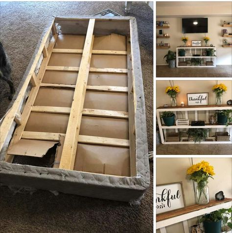 Repurpose an old box spring into a shelf. Box Spring Repurpose, Bed Upcycle, Upcycled Furniture Repurposed, Diy Box Spring, Singer Sewing Machine Repurposed, Repurpose Picture Frames, Old Sewing Machine Table, Box Spring Frame, Farmhouse Projects