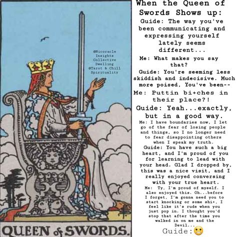 Queen Of Swords Tattoo, Queen Of Swords Tarot Meaning, Tarot Jokes, Queen Of Swords Tarot, Spiritual Cards, Queen Of Swords, Astrology Moon, Witchcraft Symbols, Funny Tarot