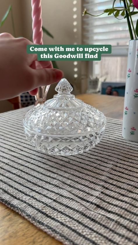 Jen | Come with me to upcycle this Goodwill find ✨ Here’s my step-by-step process for turning this glass trinket into a lil candle! I had so… | Instagram Upcycle Glass Cups, Diy Thrifted Candles, Glass Candle Holders Decorating Ideas, Repurpose Crystal Bowls, Upcycle Crystal Glassware, Upcycle Glass Candle Jars, Goodwill Upcycle, What To Do With Old Chandelier Crystall Glassware, Upcycled Candle Holders