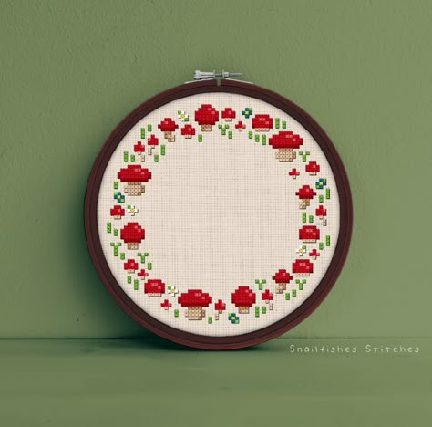 Tiny Mushroom Cross Stitch, Mushroom Pixel Art, Fairy Ring Mushroom, Mushroom Cross Stitch Pattern, Mushroom Cross Stitch, Kawaii Cross Stitch, Cross Stitch Fairy, Fairy Ring, Tiny Cross Stitch