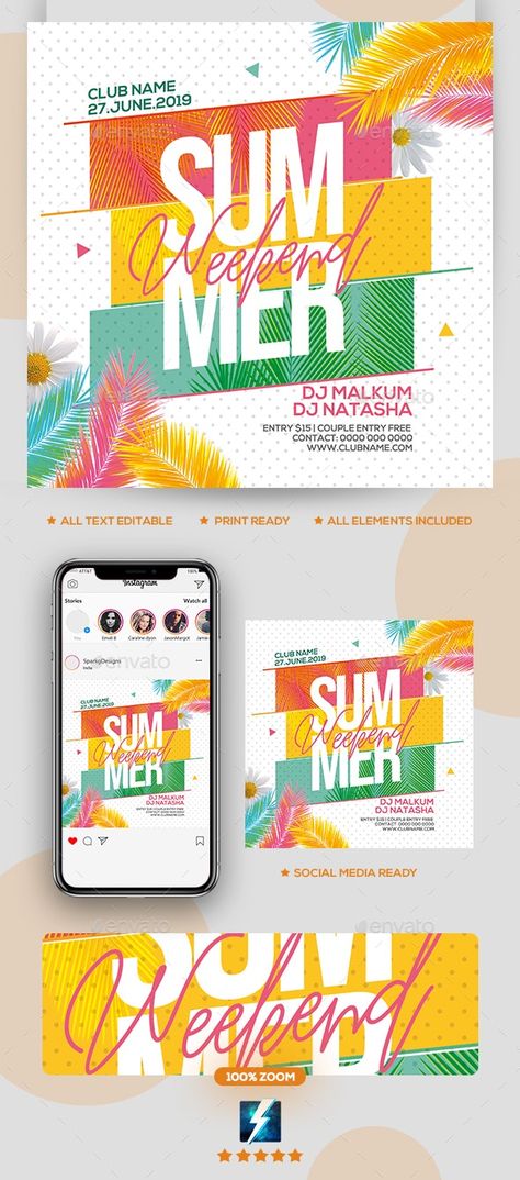 Summer Flyer Design, Summer Promo, Weekend Market, Summer Sale Banner, Business Advertisement, Theater Design, Summer Promotion, Party Flyer Template, Party Flyers