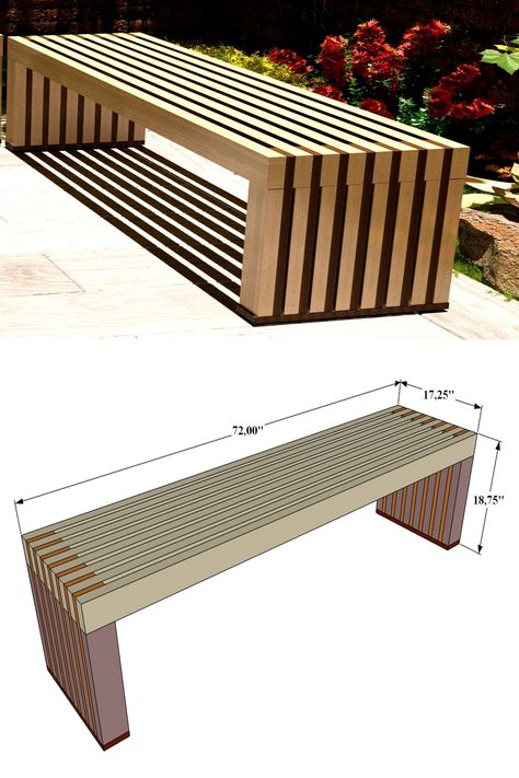 Lumber materials are standard 1x4, 2x4 and can easily be found at any home improvement store.
Plans are made in imperial units (inches)
This seating bench project can be built in under a day with basic woodshop skills.

Dimensions:
H 18.75'' x W 72'' x D 17.25''

DIY plans projects are in PDF format and include :
Detailed drawings
Materials list
Recommended tools list
Cut list
All measurements
Assembly process
Color-coded step-by-step instructions
3D visual guide Outdoor Bench Plans, Outdoor Patio Seating, Seating Bench, Diy Bench Outdoor, Patio Deck Designs, Outdoor Wood Furniture, Build Plans, Bench Outdoor, Deck Designs