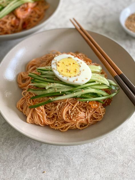 Bibim Guksu Bibim Guksu, Korean Cold Noodles, Cold Noodle Salad, Cooking Workshop, Noodle Salad Cold, Wheat Noodles, Watermelon And Feta, Spicy Korean, Asian Inspired Dishes