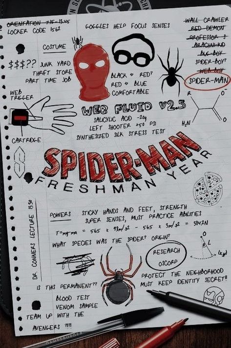 Spider Man Journal Ideas, Spiderman Journal Page, Spiderman Sketchbook Page, Spiderman Notes, Spiderman Notebook, Spiderman Journal, Spider Man Dibujo, Spiderman Drawing Sketches, Spiderman Sketchbook