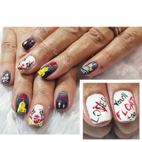 CND Shellac Nail Art by Gossamer Nail Studio, It, pennywise, you'll float, clown, scary, Halloween, horror, movie 4th Of July Nail Art, Clown Scary, Cnd Shellac Nails, Shellac Nail Art, It Pennywise, You'll Float Too, 4th Of July Nails, July Nails, Cnd Shellac