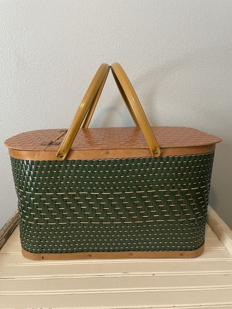 Centerpiece With Greenery, Vintage Picnic Basket, Vintage Picnic, Vintage Camping, Vintage Camper, Porch Decor, Hawkeye, Cabin Decor, Basket Decoration