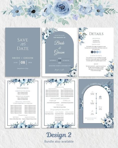 Elegant dusty blue wedding invitations.  Perfect for a romantic celebration!  Save the date, invitation, entourage, details & timeline included.  Get yours today! #dustybluewedding #weddinginvitations #weddinginspiration #weddingplanning #save the date Wedding Invitations With Entourage, Wedding Invitation Bridesmaid, Canvas Invitation Weddings, Wedding Invitation Bundle Ideas, Entourage Invitation Sample, Sample Invitation Wedding, Detailed Wedding Invitations, Dusty Blue Wedding Invitations Elegant, Thank You Card Design Wedding