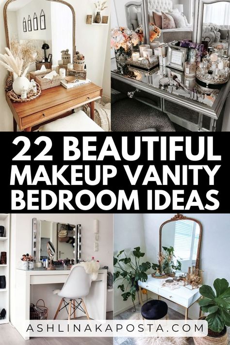 22 Aesthetic DIY Vanity Ideas For Your Bedroom + why its good feng shui — ASHLINA KAPOSTA Simple Makeup Vanity Ideas, Vanity Makeover Diy Makeup, Makeup Tables Ideas, Alternative Vanity Ideas, Diy Vanity Tray Ideas, Glam Makeup Vanity Ideas, Room With Makeup Vanity, Makeup Vanity Set Up Ideas, Bedroom With Makeup Vanity Layout