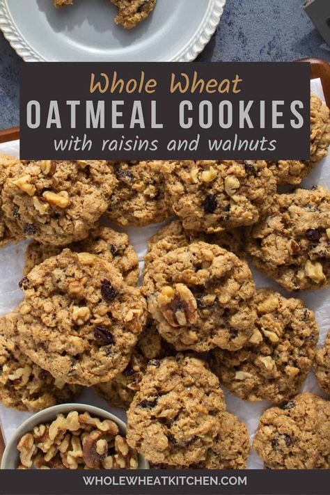 Are you a cookie lover that also loves whole grains? These whole wheat oatmeal raisin cookies are packed with whole grains, plump raisins, a touch of cinnamon and crunchy walnuts. They are ultra chewy and perfect for a snack or picnic lunch. Cinnamon Raisin Oatmeal Cookies, Whole Wheat Oatmeal Raisin Cookies, Whole Wheat Cookies Healthy, Cookies With Walnuts, Blueberry Oatmeal Cookies, Whole Wheat Cookies, Best Oatmeal Cookies, Blueberry Cookies, Picnic Lunch