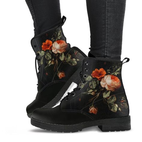 Combat Boots Distressed Vintage Flower Art Boho Shoes | Etsy Vintage Flower Art, Hipster Boots, Leather Goth, Faux Fur Fashion, Lace Up Boots Women, Black Hipster, Hippie Boots, Combat Boots Style, Goth Boots