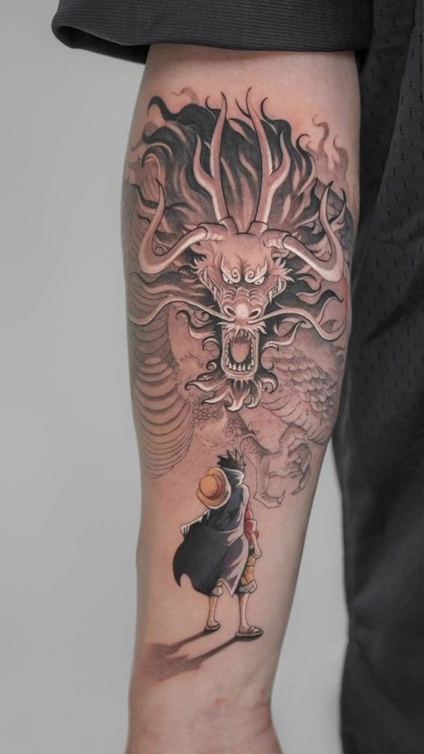 One Piece Arm Tattoo, Kaido Tattoo Ideas, Kaido One Piece Tattoo, Anime Tattoo Ideas Manga, Luffy Tattoo Ideas, Tattoo Boyfriend, One Piece Tattoo Ideas, Luffy Vs Kaido, Kaido One Piece