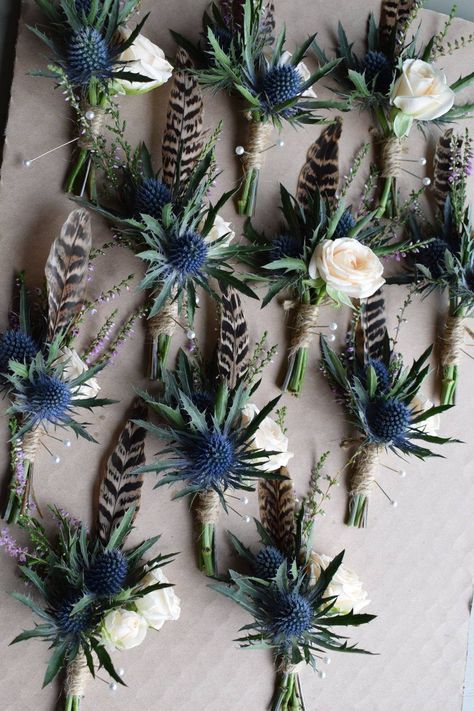 Feathers In Bouquet Wedding Ideas, Feathers In Wedding Bouquet, Boutineers With Feathers, Quail Feather Bouquet, Feather Boutonniere Wedding, Scottish Thistle Wedding Flowers, Duck Feather Bouquet, Feather Bridal Bouquet, Blue Thistle Wedding Bouquet