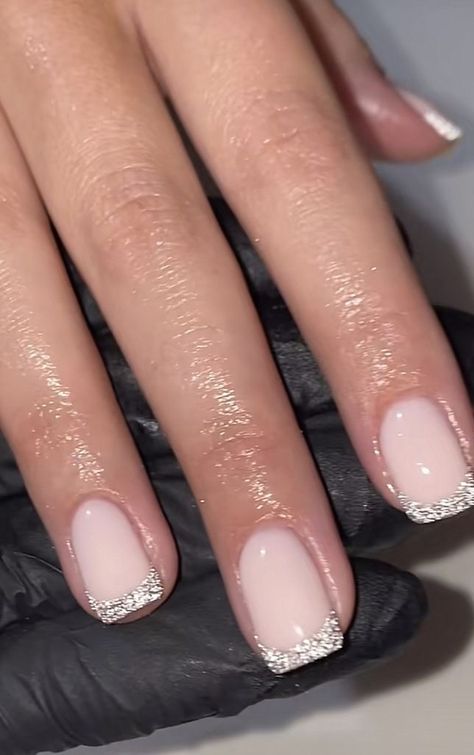 Sparky French Nails, Gold Glitter French Tip Nails Square, Black French Tip Nails With Glitter, Glitter Tips Acrylic Nails, Pink Sparkly French Tip Nails, Glittery French Tip Nails, Glitter Short Nails, Trendy Glitter Nails, French Manicure With Glitter