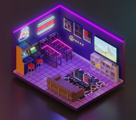 Hi! Today I tried to make an atmospheric Arcade Room in Blender 2.8. I was inspired by some games and movies. Hope you like it! Arcade Games Room, Arcade Room Design, Arcade Room Ideas, Arcade Room In House, Arcade Layout, Arcade Interior, Arcade Ideas, Arcade Design, Cyberpunk Room