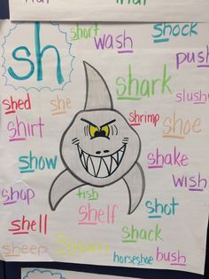 This anchor chart is the Sh... SH sound anchor chart with a shark. Great phonics and digraph reference!  Source unknown...photo only. Sound Anchor Chart, Digraphs Anchor Chart, Anchor Charts First Grade, Teach Spelling, Teaching Vowels, Kindergarten Anchor Charts, Vowel Teams, Literacy Centers Kindergarten, Classroom Anchor Charts