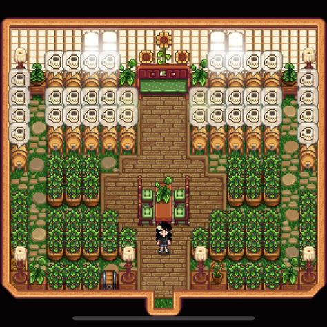 Stardew Valley Tea Room Design, Stardew Valley Trellis Layout, Stardew Valley Golden Clock Design, Stardew Valley Shed Layout Aesthetic, Stardew Valley Green House Layout, Shed Designs Stardew Valley, Stardew Tea Shed, Stardew Valley Preserve Jar Shed, Stardew Valley House Exterior Color