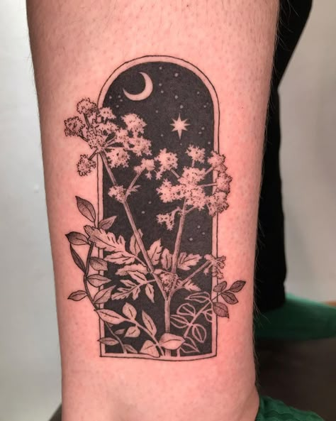 Night Related Tattoos, Pretty Cover Up Tattoos, Night Garden Tattoo, Mountain Night Sky Tattoo, Back Of Arm Tattoo Cover Up, Night Scene Tattoo, Night Inspired Tattoos, Slanted Tattoo, Rectangle Tattoo Cover Up