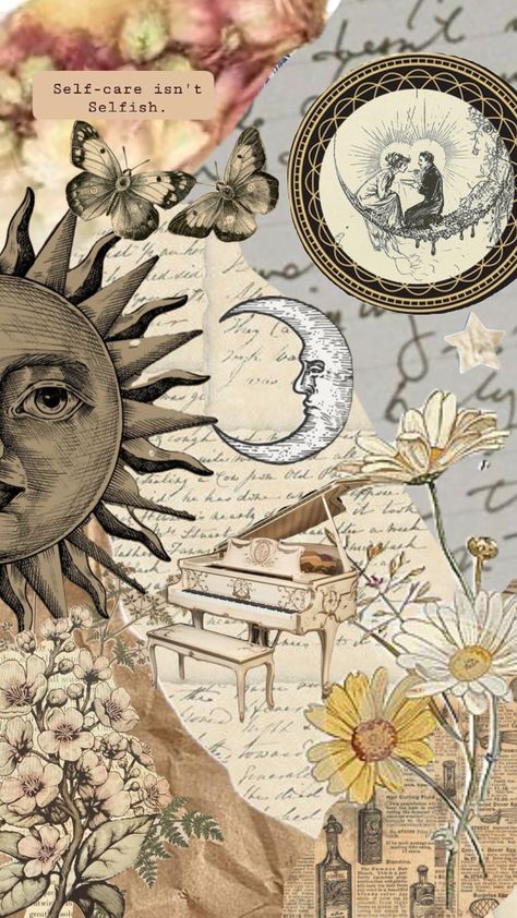 #vintage #star #sun #flowers #music #romantic #aesthetic #wallpaper #art #nature #vibes Moon And Sun Art Aesthetic, Medieval Wallpaper Aesthetic, Vintage Celestial Art Wallpaper, Moon And Sun Wallpaper, Sun And Moon Background Aesthetic, Sun And Moon Dark Aesthetic, Sun And Moon Collage Wallpaper, Celestial Collage Wallpaper, Starlight Wedding