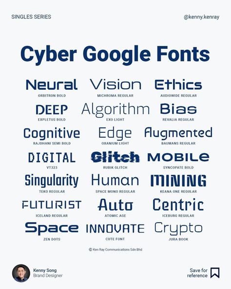 Kenny Song | Brand Designer | Science fiction books and movies served as inspiration for futuristic or cyber fonts. Their designs are bold, sleek, and unconventional.… | Instagram Futuristic Book Design, Futuristic Infographic Design, Futuristic Art Design, Kenny Song, Tech Fonts, Futuristic Typography Design, Futuristic Logo Design, Electric Font, Tech Typography