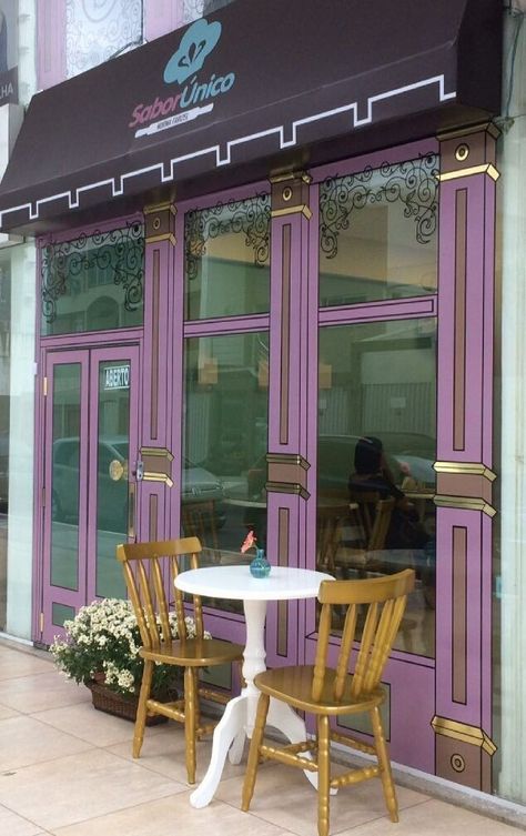 Purple Coffee Shop, Purple Cafe, Purple Cookies, Restaurant Exterior, Small Cafe Design, Purple Coffee, Spring Window, Small Cafe, Purple Themes