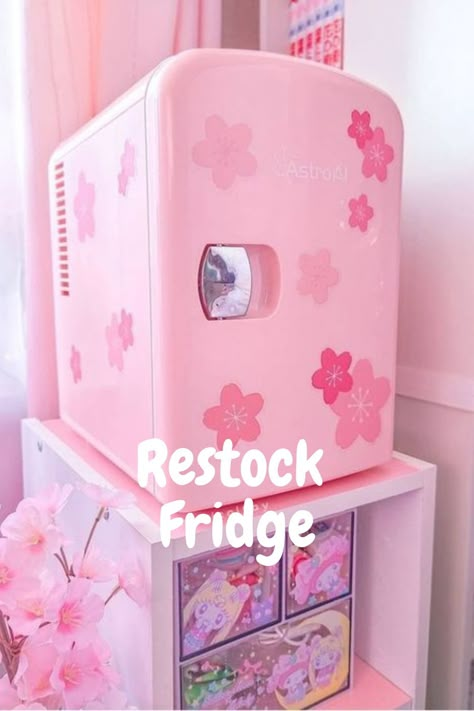 FRIDGE RESTOCK Mini Fridge Amazon, Sanrio Mini Fridge, Mini Frigerator Cute, Preppy Mini Fridge, Cute Mini Fridge In Bedroom, Kawaii Mini Fridge, Cute Mini Fridge, Mini Fridge Restock, Mini Fridge In Bedroom Aesthetic