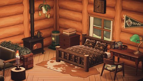 Acnh Cabin In The Woods, Acnh Cabin House, Acnh Cabin Bedroom, Animal Crossing Log Cabin, Acnh Log Cabin, Acnh Cabin Interior, Acnh Cabin, Log Cabin Rooms, Cozy Winter Cabin