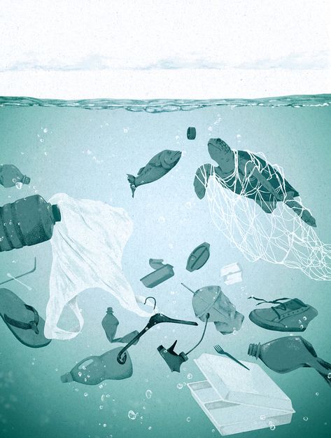 Fish and turtle swimming through plastic rubbish in the ocean Turtle And Plastic Illustration, Plastic In Ocean Art, Trash In Ocean Drawing, Plastic In The Ocean Art, Turtle Plastic Pollution Art, Trash In The Ocean Drawing, Plastic In The Sea Drawing, Save The Ocean Drawing, Ocean Pollution Drawing