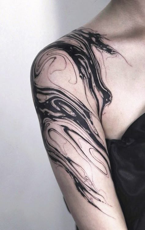 Fluid Tattoo Design Shoulder, Sunimagashi Tattoo, Suminagashi Tattoo Shoulder, Wavy Tattoo Design Shoulder, Shoulder Abstract Tattoo, Smokey Tattoo Filler, Marble Tattoo Sleeve, Marble Sleeve Tattoo, Fluid Tattoo Design Arm