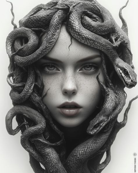 Discover a modern take on Medusa through striking photography, where myth meets contemporary style. Her gaze is fierce, with serpents elegantly entwined, capturing the powerful beauty and danger of the ancient legend. 🐍👁️ #medusa #mythology #ModernMedusa #PhotographyArt #MythAndStyle #FierceBeauty #LegendReimagined #SerpentQueen #TimelessPower #MedusaInModernArt #ContemporaryMyth #GorgonGaze #gorgon #neuraldreamer Medusa Beautiful, Modern Medusa, Medusa Beautiful Greek Mythology, Medusa Warrior, Medusa Myth, Medusa Holding Head, Medusa Historical Art, Medusa Gorgon, Black Clouds