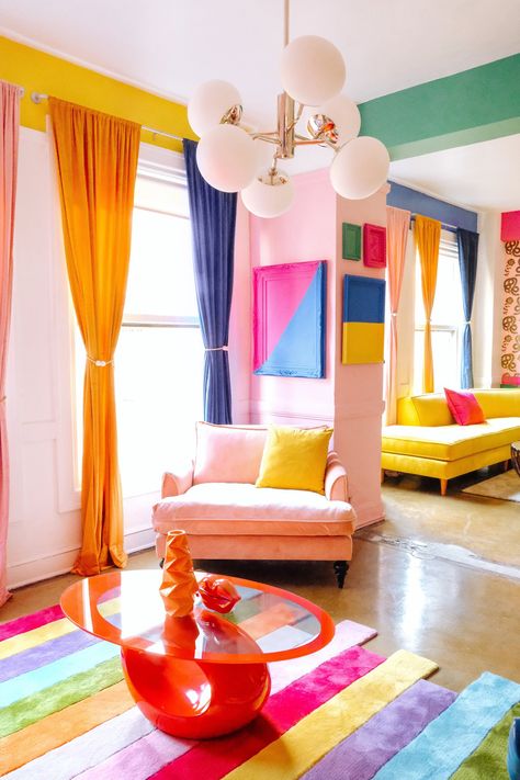 Fun Toddler Rooms, Vibrant Decor Interiors, Colorful Painting Interior, Joyful Interior Design, Bright Colorful Interiors, Fun Colorful House Interior, Bright Color Walls, Bright House Interior Colour, Colourful Maximalist Decor