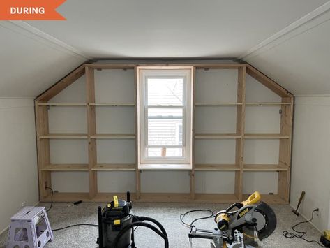 Attic Built Ins Slanted Walls, Aesthetic Book Nook, Room Ideas Attic, Attic Built Ins, Book Room Ideas, Bold Backsplash, Modern Attic, Library Nook, Hex Tiles