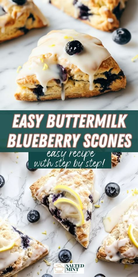 Make the best blueberry scones with buttermilk and a lemon glaze. These easy scones are perfect for brunch or a snack, featuring a moist, fluffy texture and tender crumb. Try this delicious recipe today! Blueberry Recipes Scones, Scone Icing Recipe, Moist Blueberry Scones, Best Scones Recipe Easy, Blueberry Lemon Scones Recipe, Recipes For Scones, Blueberry Scones With Lemon Glaze, Glaze For Scones, Scones Recipe Buttermilk