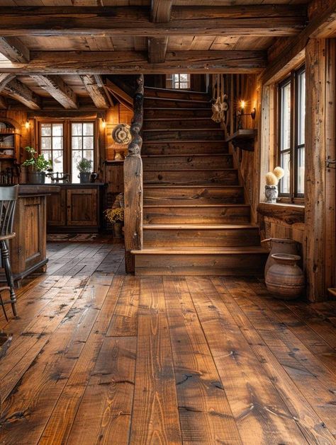 Log Cabin Stairs, Woodsy House Interior, Mc Clubhouse, Norse House, Woodsy House, Woodsy Home, Rustic Cabin Interior, Moody Farmhouse, Secret Window