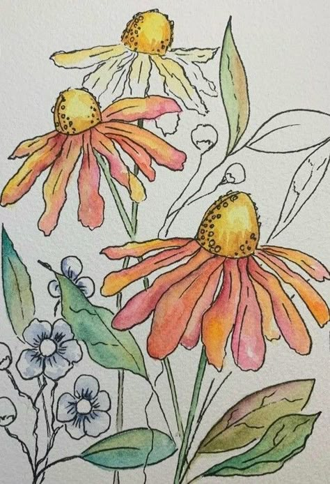 Doodles Flowers, Watercolor Doodle, Valentines Watercolor, Reverse Painting, Ink And Wash, Whimsical Art Paintings, Whimsical Flower, Watercolor Art Journal, Flower Line Drawings