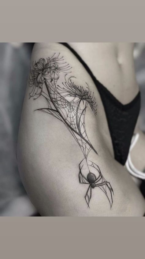 Creepy Plant Tattoo, Spider And Flower Tattoo, Arm Pit Tattoo, Spooky Floral Tattoo, Bmth Tattoo, Stile Pin Up, Thigh Piece Tattoos, Side Thigh Tattoos, 16 Tattoo