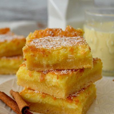 Eggless Lemon Bars, Gooey Butter Bars, Eggnog Dessert, Butter Bars, Eggnog Recipe, Lemon Bars, Holiday Cooking, Food Cakes, Holiday Desserts