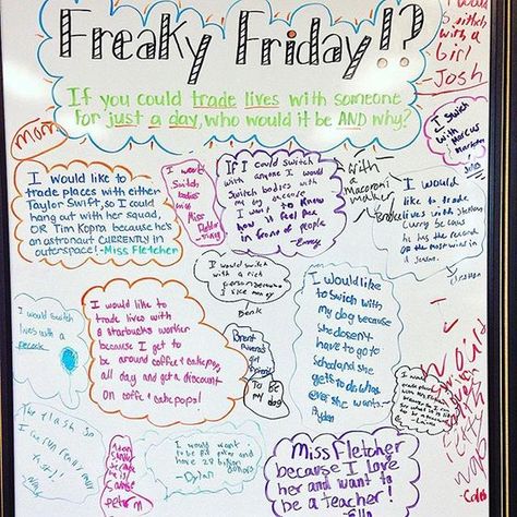 Their answers for Freaky Friday were...interesting, thoughtful, and hilarious I love these kids! #freakyfriday #miss5thswhiteboard #5thgradeinfloridaswhiteboard #iteach456 #teacherspayteachers #firstyearteacher #iteachtoo #iteach5th #teachersfollowteachers: Whiteboard Wednesday, Whiteboard Games, Morning Questions, Whiteboard Prompts, Whiteboard Writing, Whiteboard Messages, Daily Questions, Morning Board, Responsive Classroom