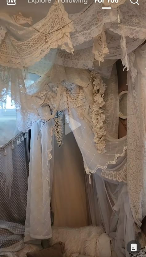 Lace Bed Canopy, Lace Canopy Bed, Angelcore Room, Bed Canopy Diy, Lace Canopy, Bed Canopies, Canopy Bed Diy, Diy Canopy, Redecorate Bedroom