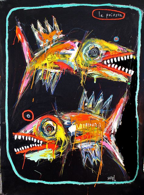 "the fish" by Matt Sesow Matt Sesow, Basquiat Art, Outsider Artists, Illustration Photo, Art Brut, Colorful Fish, Arte Animal, Naive Art, Weird Art