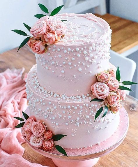 Wedding Cake White And Pink, Pink Cake With Pearls, 2 Teir Cakes Pink, Bride To Be Cake Pink And White, Light Pink Wedding Cake Simple, Cake Decorating Roses, Pink Pearl Wedding, Pink Pearl Wedding Cake, Pink Wedding Cakes