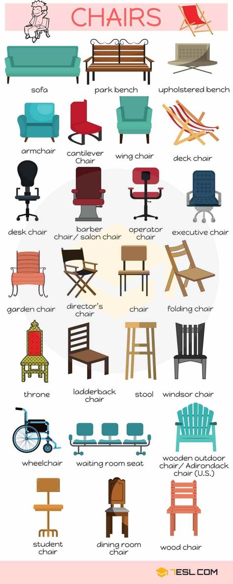 English Vocabulary: Different Types of Chairs - ESL Buzz Types Of Chairs Names, Furniture Vocabulary English, Different Types Of Chairs, Furniture Names, Types Of Chairs, English Vocab, English Language Teaching, English Writing Skills, English Tips