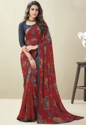 Pure Georgette Sarees Online: Perfect Indian Ethnic Pick For Every Occasion | Utsav Fashion Pure Georgette Sarees, Floral Saree, Back Neck Designs, Utsav Fashion, Red Saree, Floral Print Fabric, Georgette Saree, Georgette Fabric, Georgette Sarees